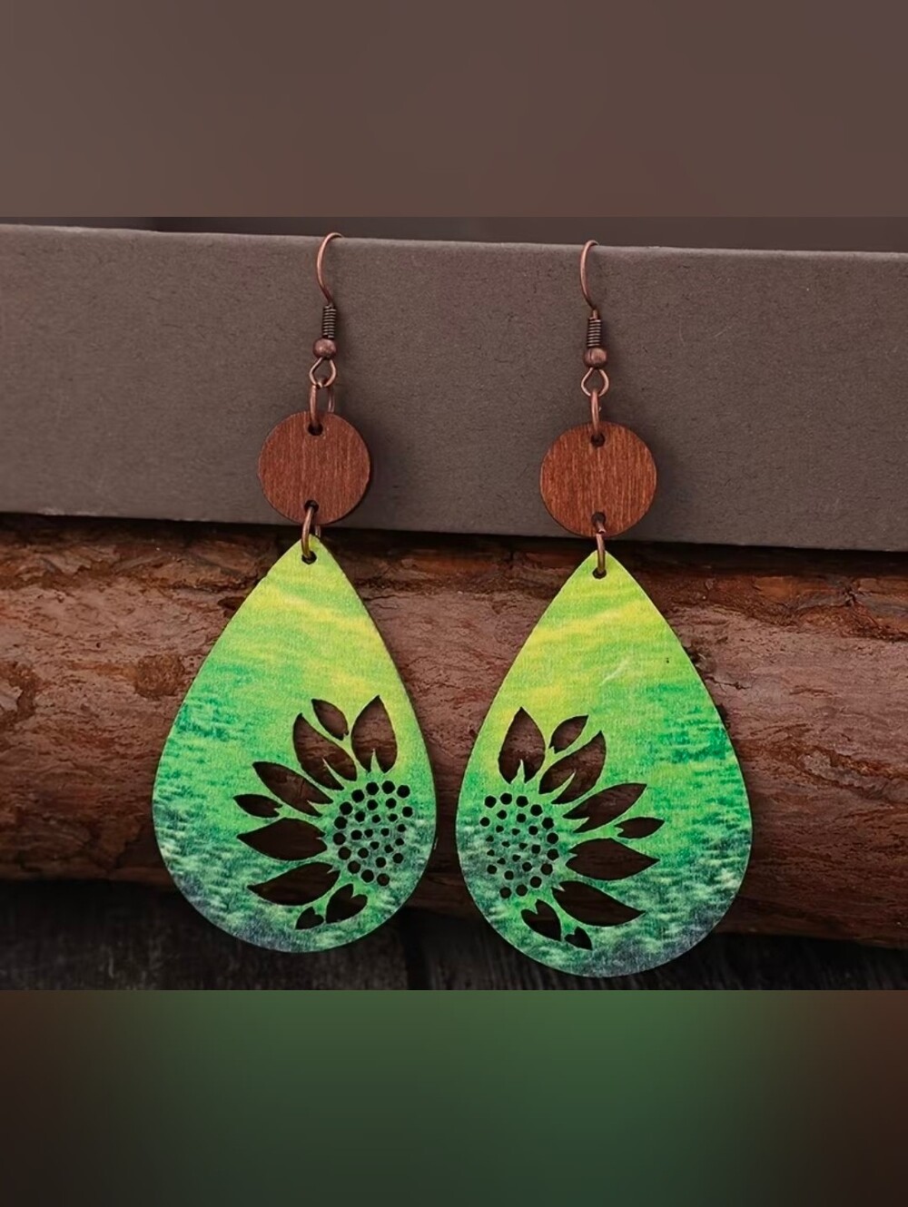 $8 Each Or Bundle 5/$20 Green Sunflower Teardrop Wooden Earrings